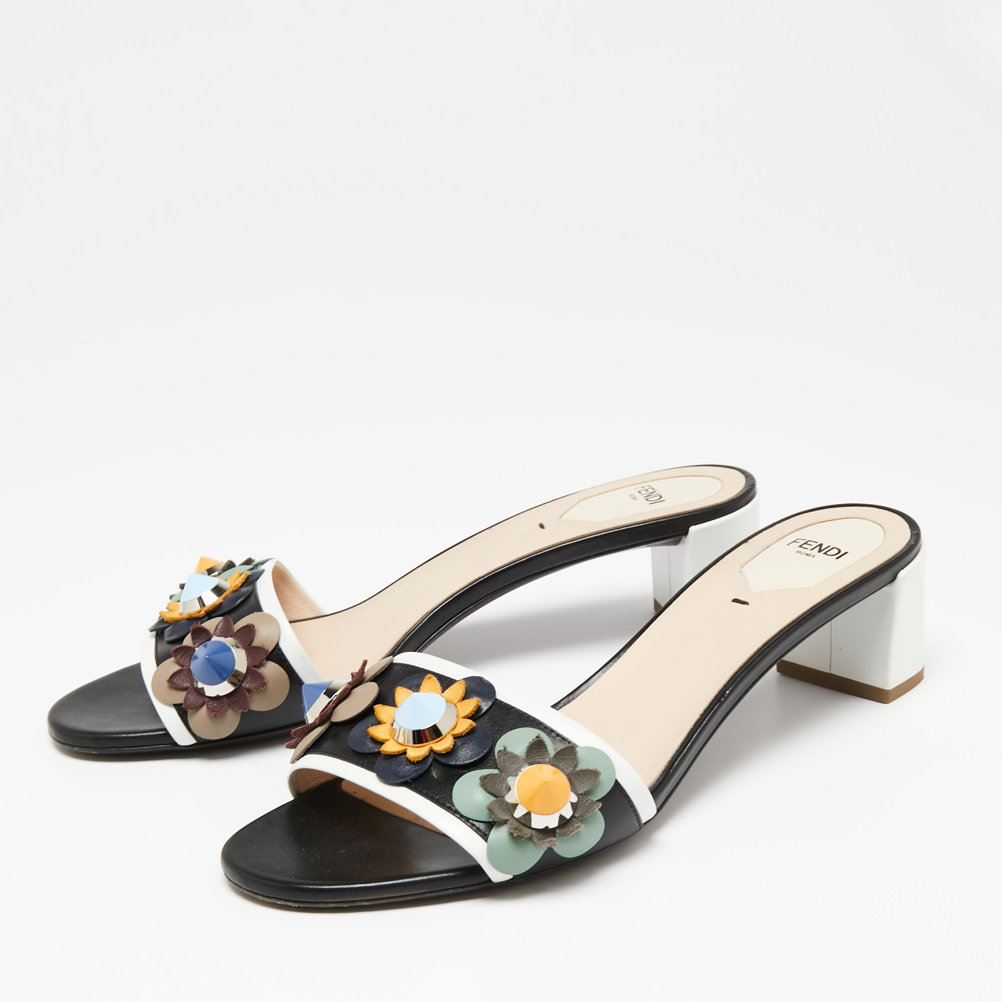 

Fendi Multicolor Leather Flower Embellished Block Heel Slides Size