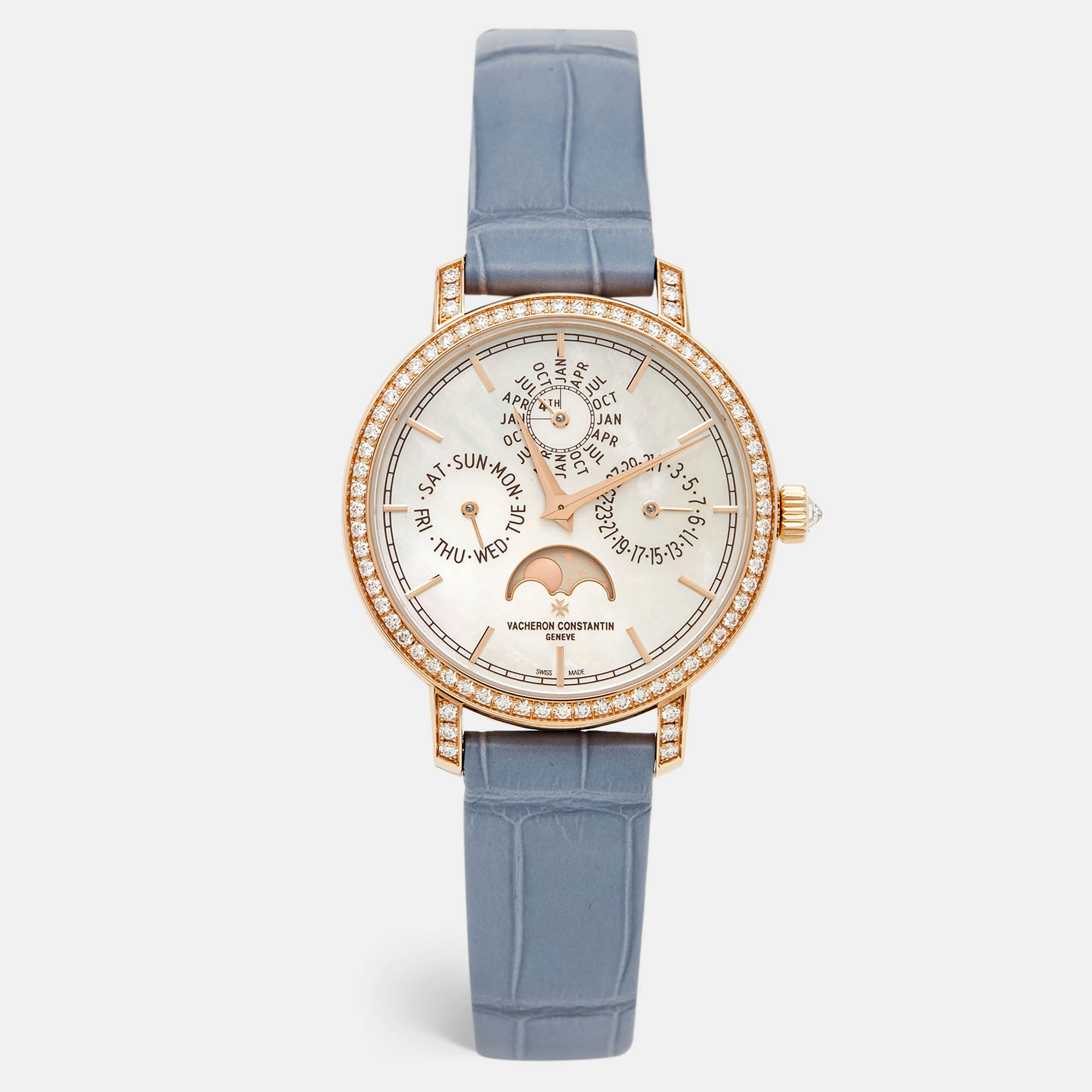 

Vacheron Constantin Mother Of Pearl Alligator Leather Diamond Ultra-Thin Perpetual Calendar Traditionnelle X43RB947 Women's Wristwatch, Blue