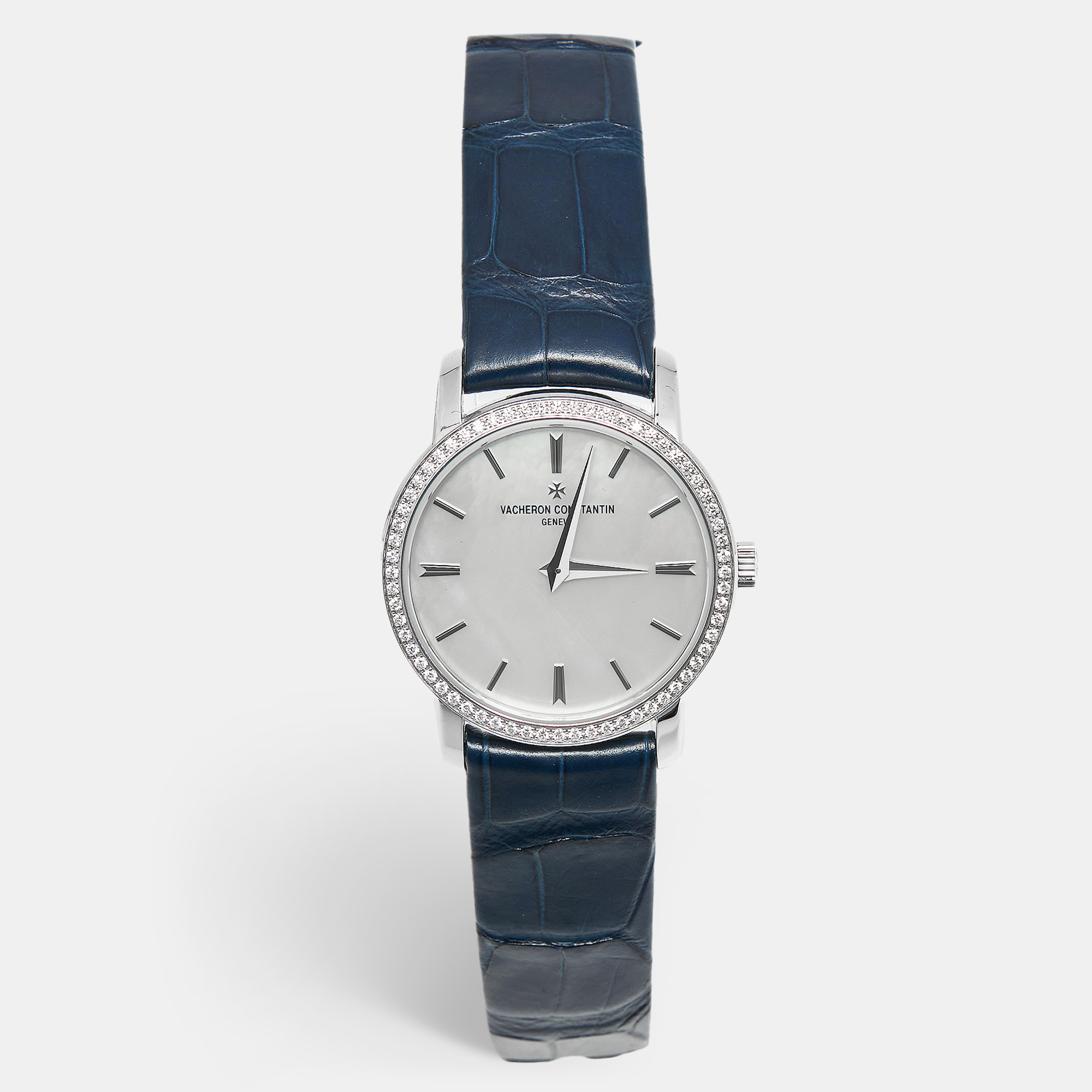 Pre-owned Vacheron Constantin Tradionnelle 25558/000g-b White Mother Of Pearl Dial Diamond 18k White Gold Alligator Leather Women' In Blue
