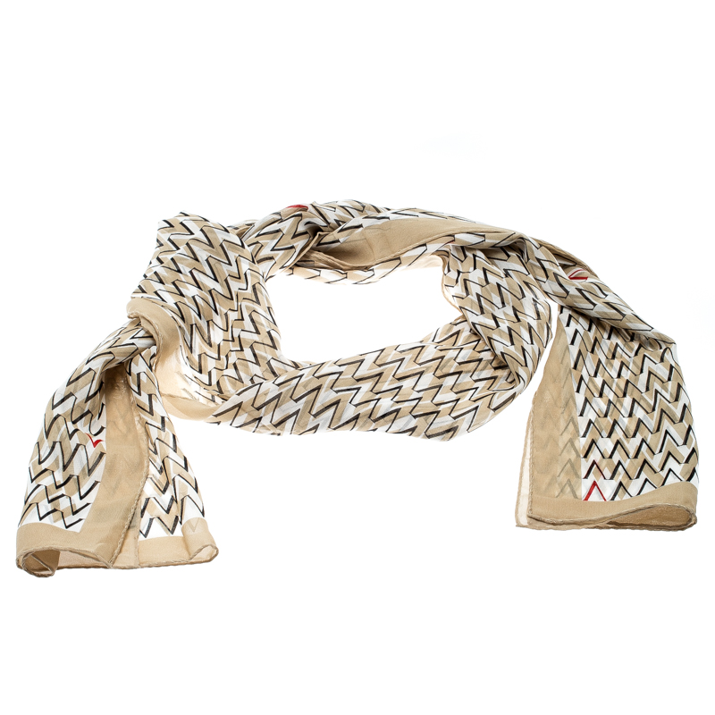 Pre Owned Valentino Beige and White V Logo Print Silk Chiffon Stole  