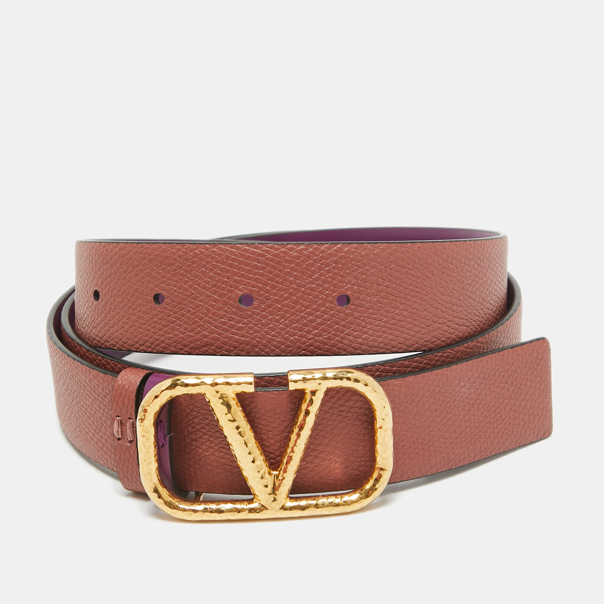 Pre-owned Valentino Garavani Clay Red/purple Leather Vlogo Reversible Waist Belt 90cm