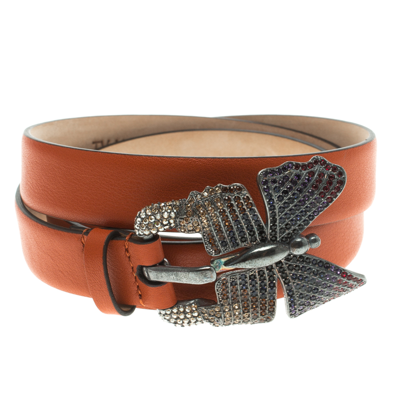 

Valentino Orange Leather Crystal Embellished Butterfly Buckle Belt