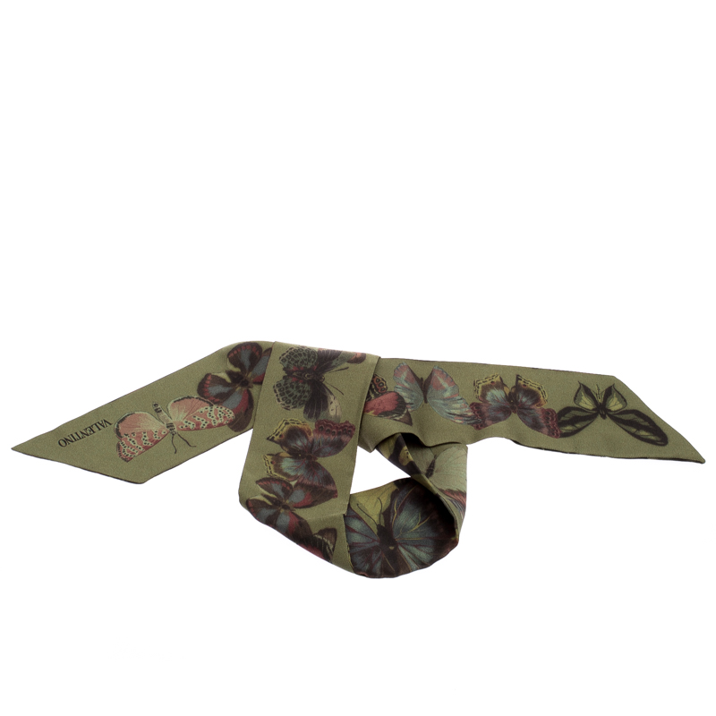 Valentino Olive Green Butterfly Printed Silk Bandeau