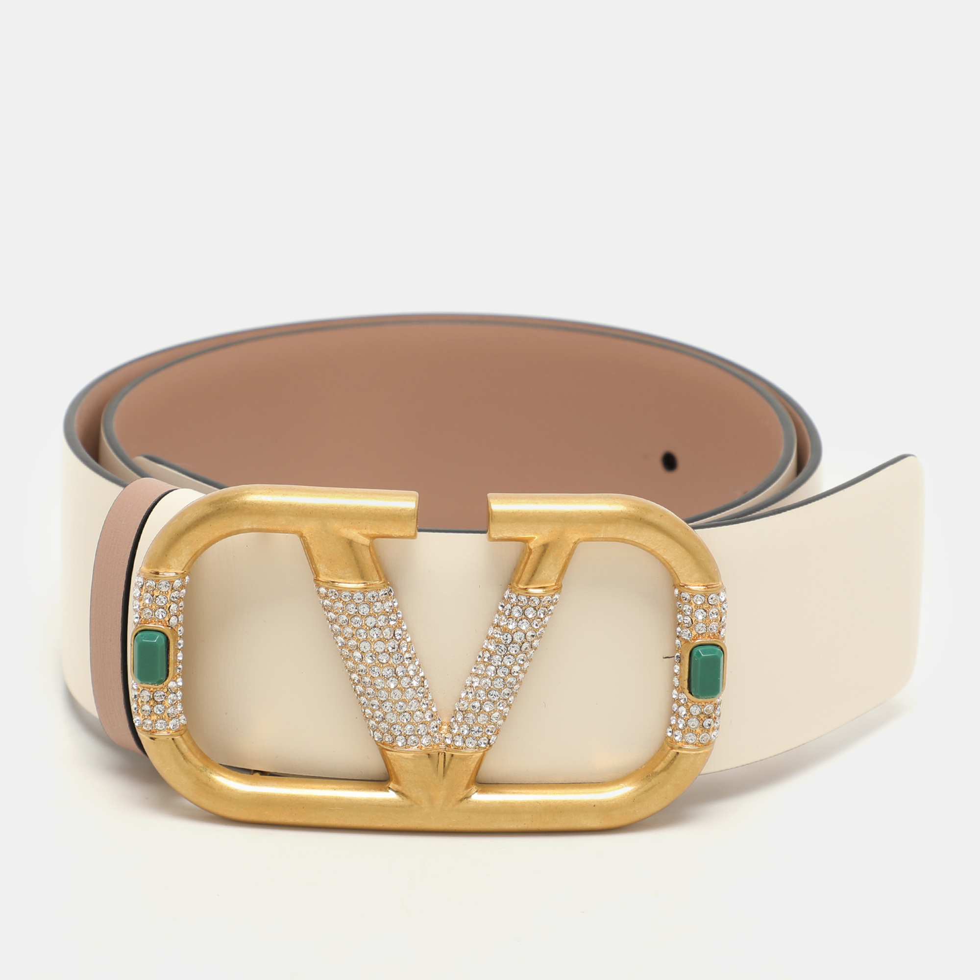 

Valentino Cream Leather VLOGO Crystal Embellished Buckle Belt 70CM