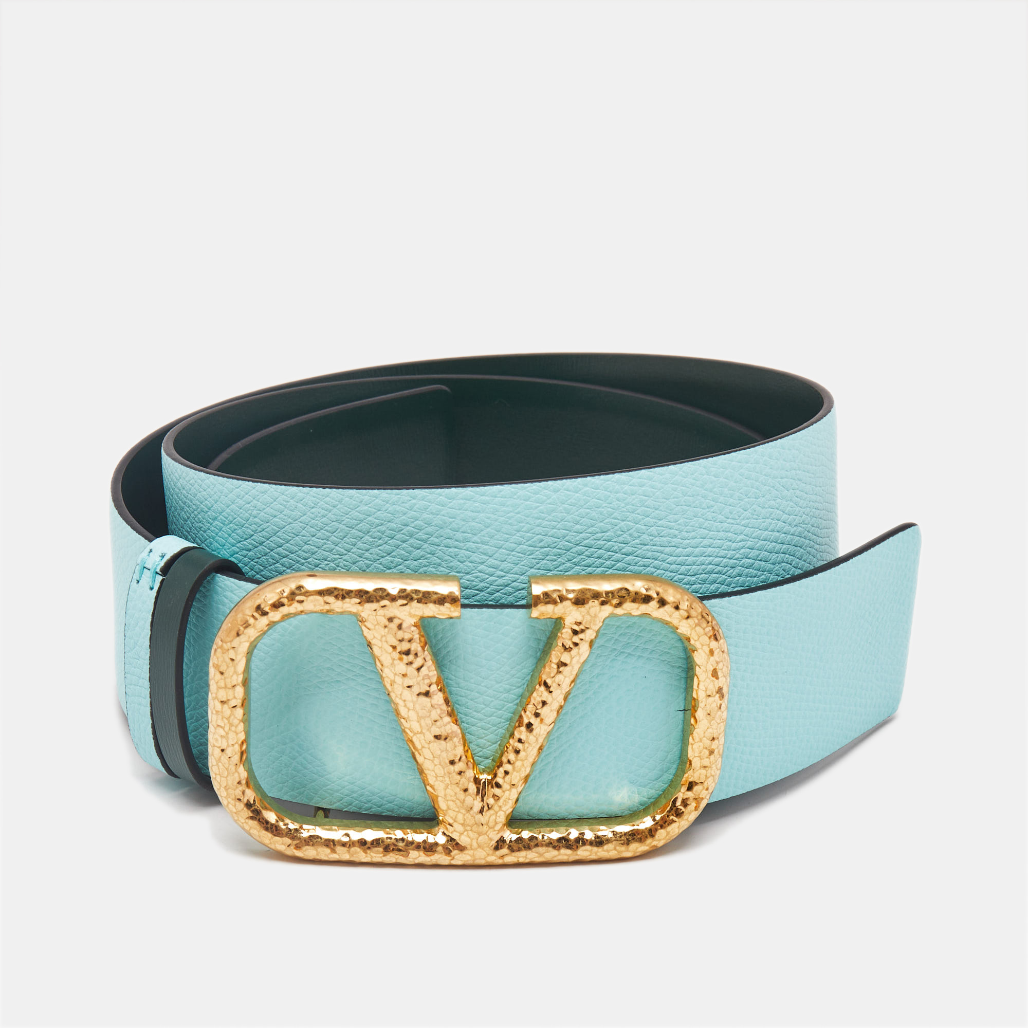 Pre-owned Valentino Garavani Blue/green Leather Vlogo Reversible Belt 85cm