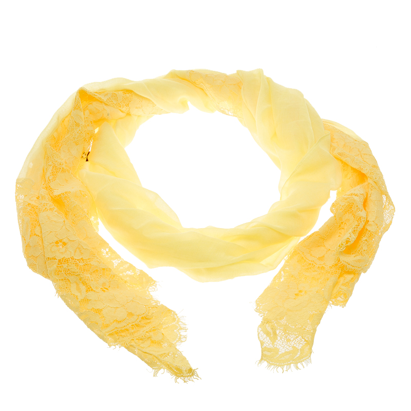 Valentino Yellow Cashmere Blend Scalloped Lace Detail Scarf