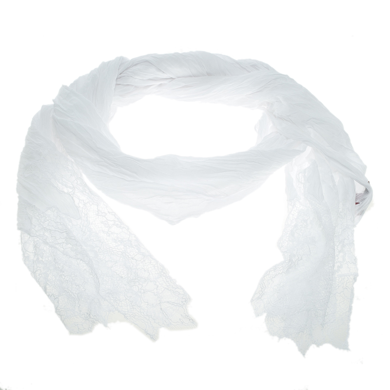 Pre Owned وشاح فالنتينو قطن أبيض مكشكش بدانتيل مموج مزين