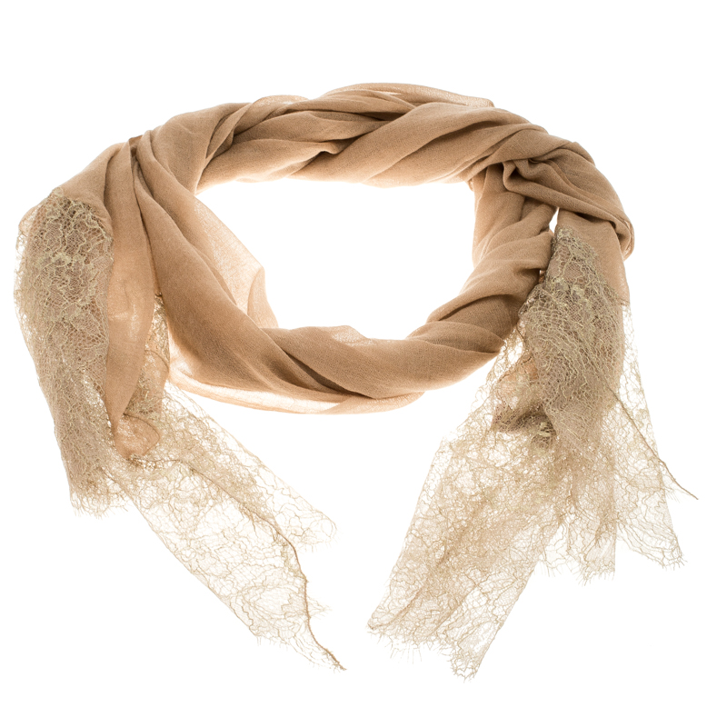 Pre Owned Valentino Beige Metallic Scallop Lace Detail Scarf