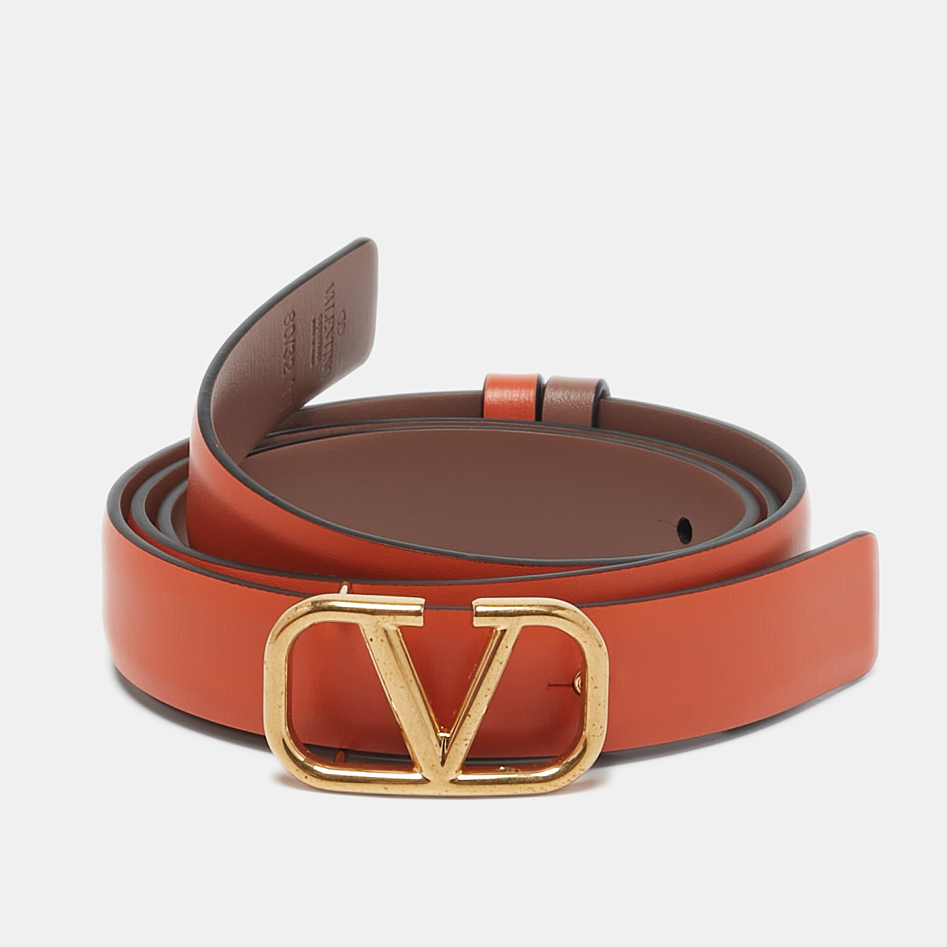 

Valentino Orange/Beige Leather Vlogo Slim Buckle Belt 80CM