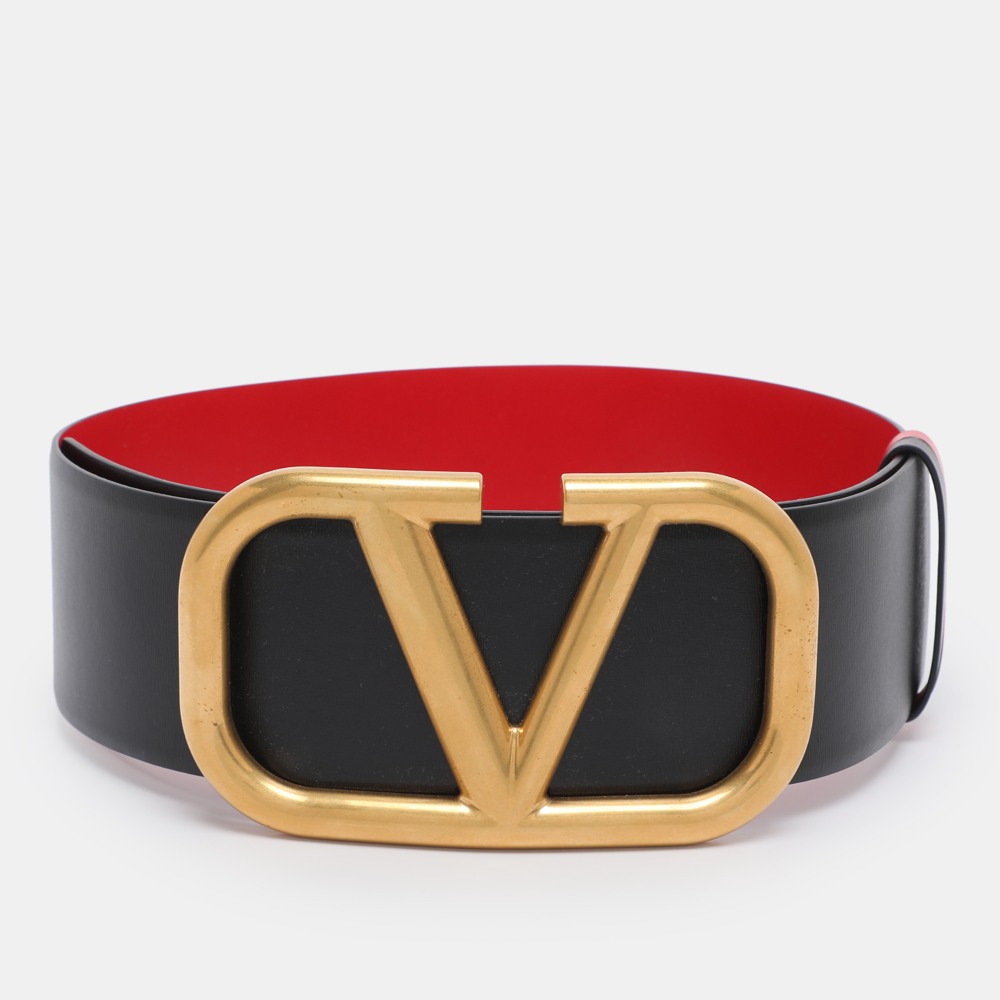 Pre-owned Valentino Garavani Black/red Leather Vlogo Wide Waist Belt 70cm