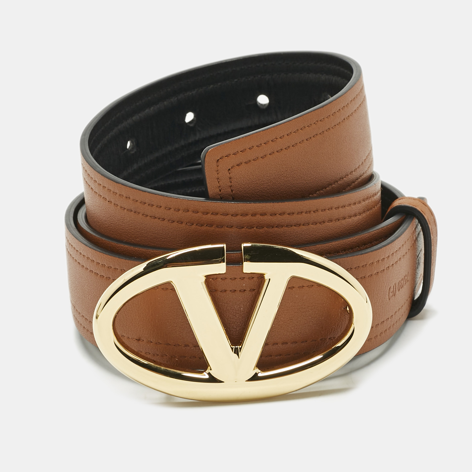 Valentino Brown/Black Leather VLogo Buckle Reversible Belt 75 CM