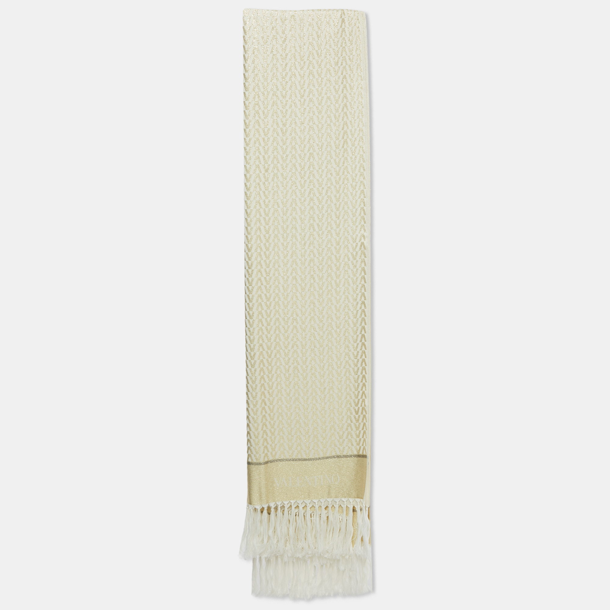 Pre-owned Valentino Gold Monogram Lurex Jacquard Fringed Scarf