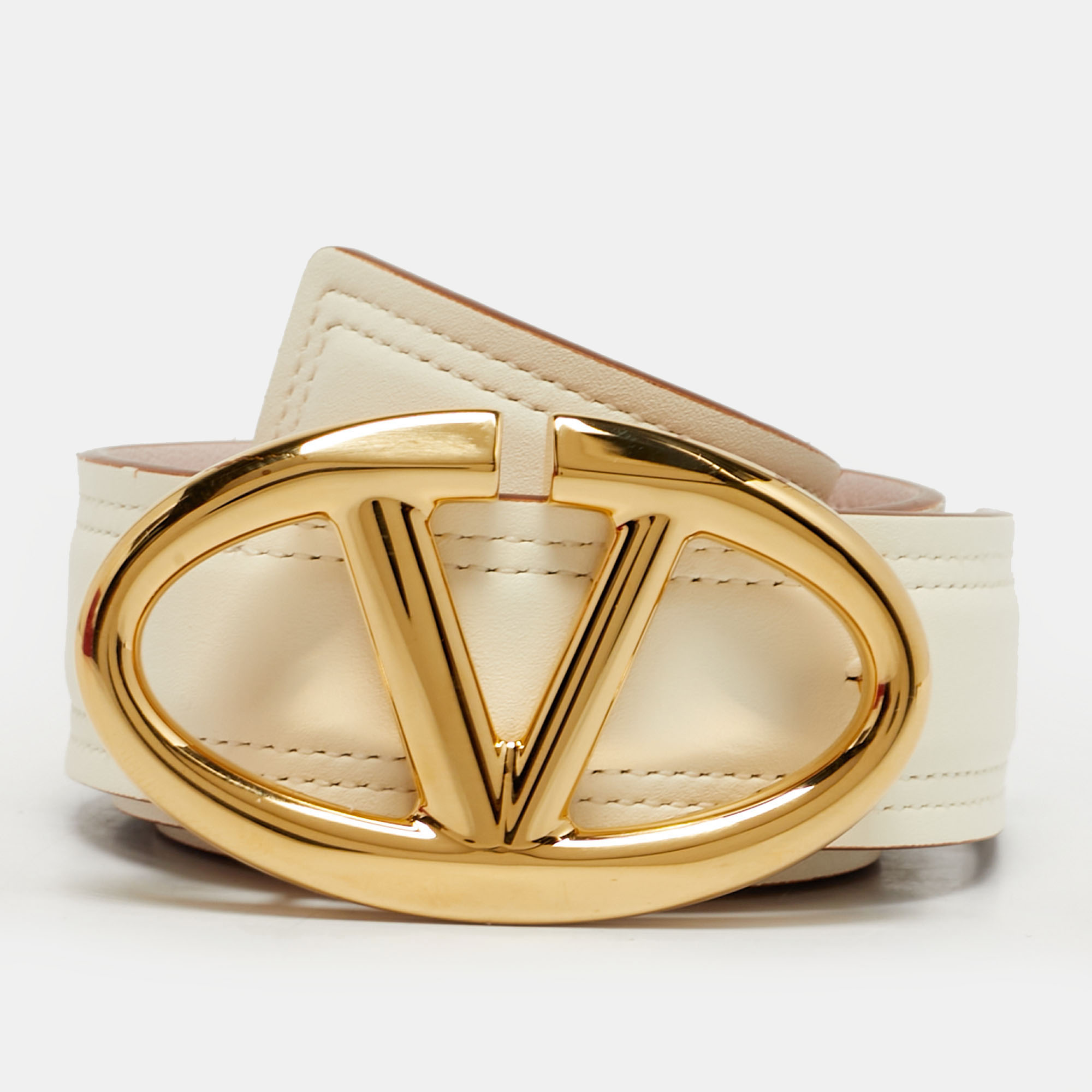 Pre-owned Valentino Garavani Cream/pink Leather Vlogo Buckle Reversible Belt 75 Cm In White