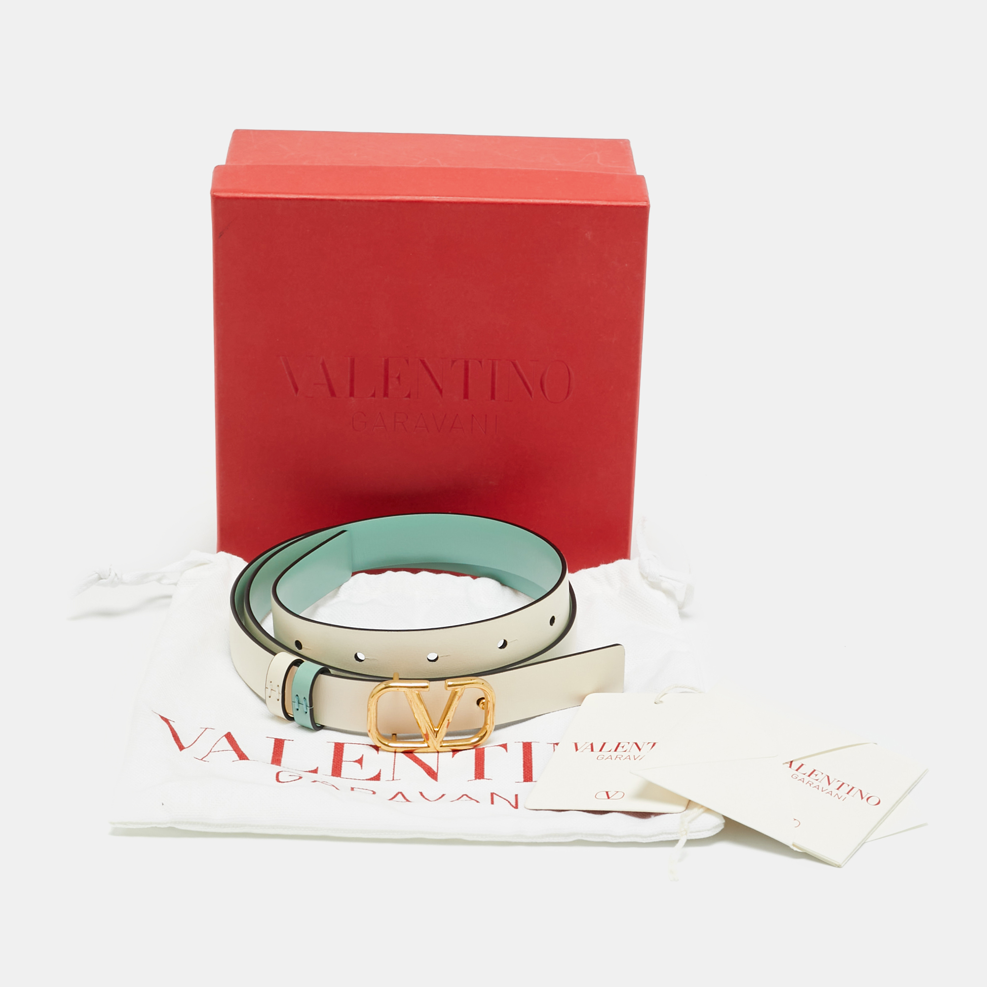 Pre-owned Valentino Garavani Vlogo 75 Cm Reversible Slim Belt Mint Green/cream Leather