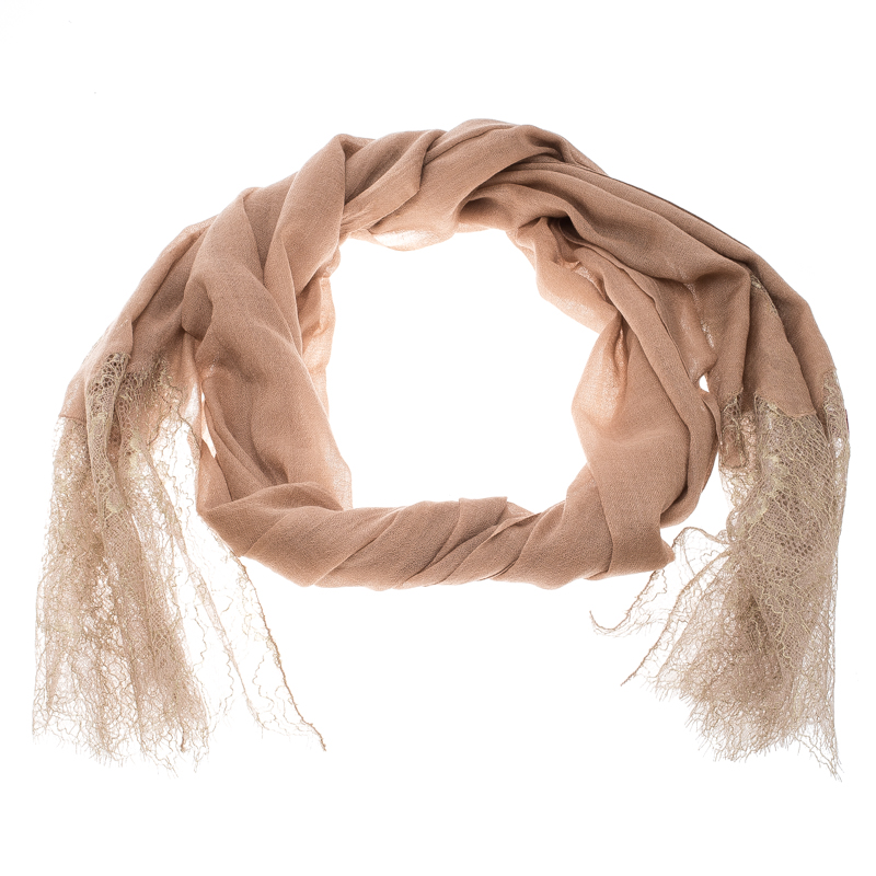مملوكة مسبقًا Valentino Beige Wool and Silk Scalloped Metallic Lace Detail Scarf