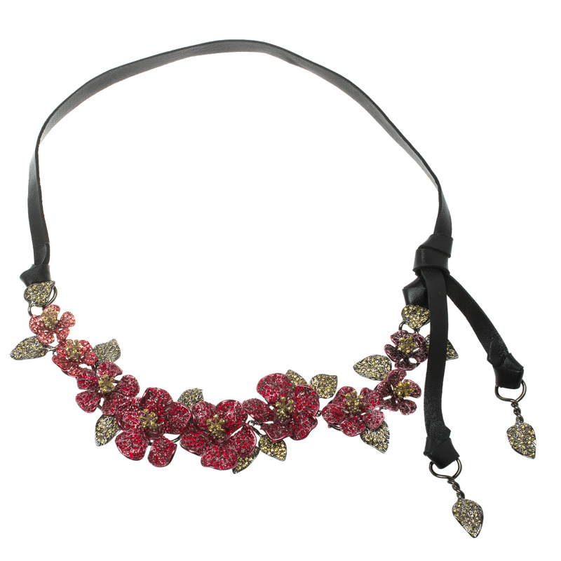 Valentino Hawaiian Couture Multicolor Flower Crystal Embellished Statement Necklace
