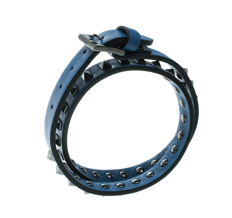 

Valentino Rockstuds Blue Leather Gunmetal Tone Double Wrap Bracelet