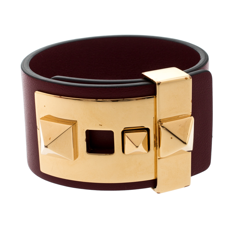 Pre Owned Valentino Rubino Leather B Rockstud Wide Bracelet