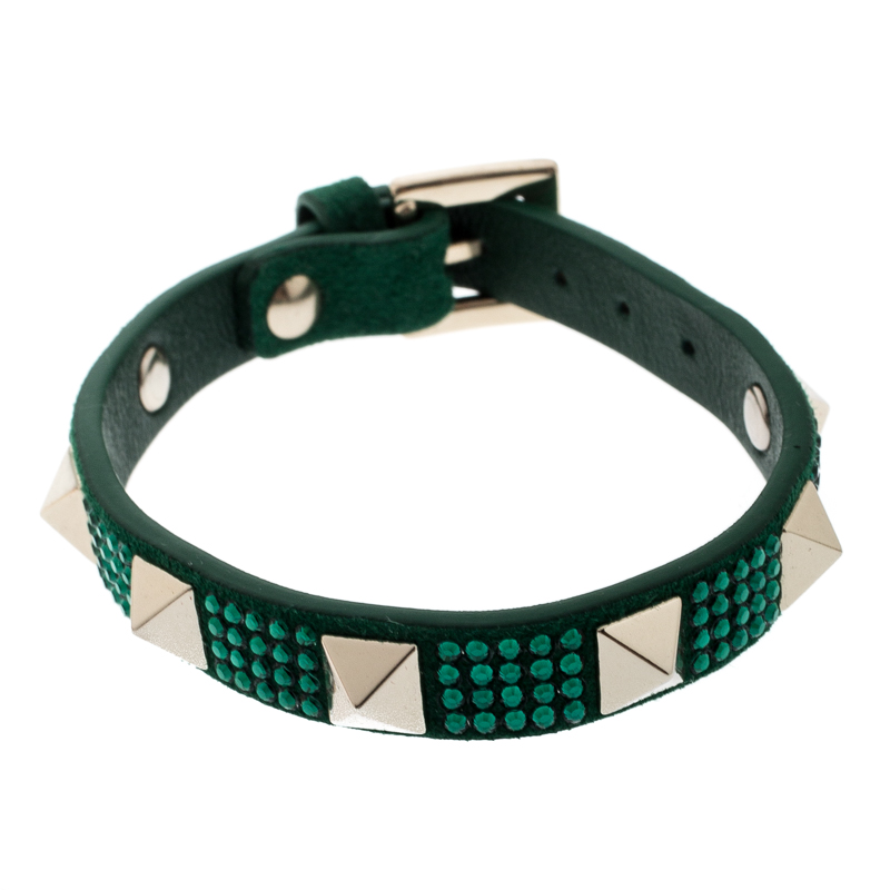 Pre Owned Valentino Emerald/Smeraldo Leather Swarovski Crystal Rockstud Glam Bracelet