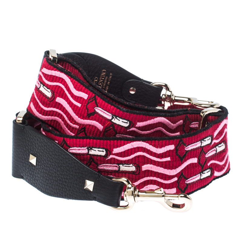 

Valentino Pink/Black Lipstick Print Canvas and Leather Studded Guitar Strap