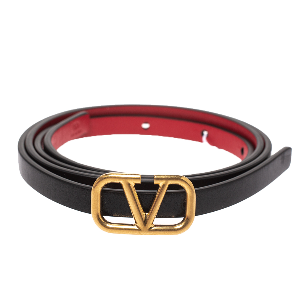 

Valentino Black/Red Leather Reversible Narrow V Logo Belt