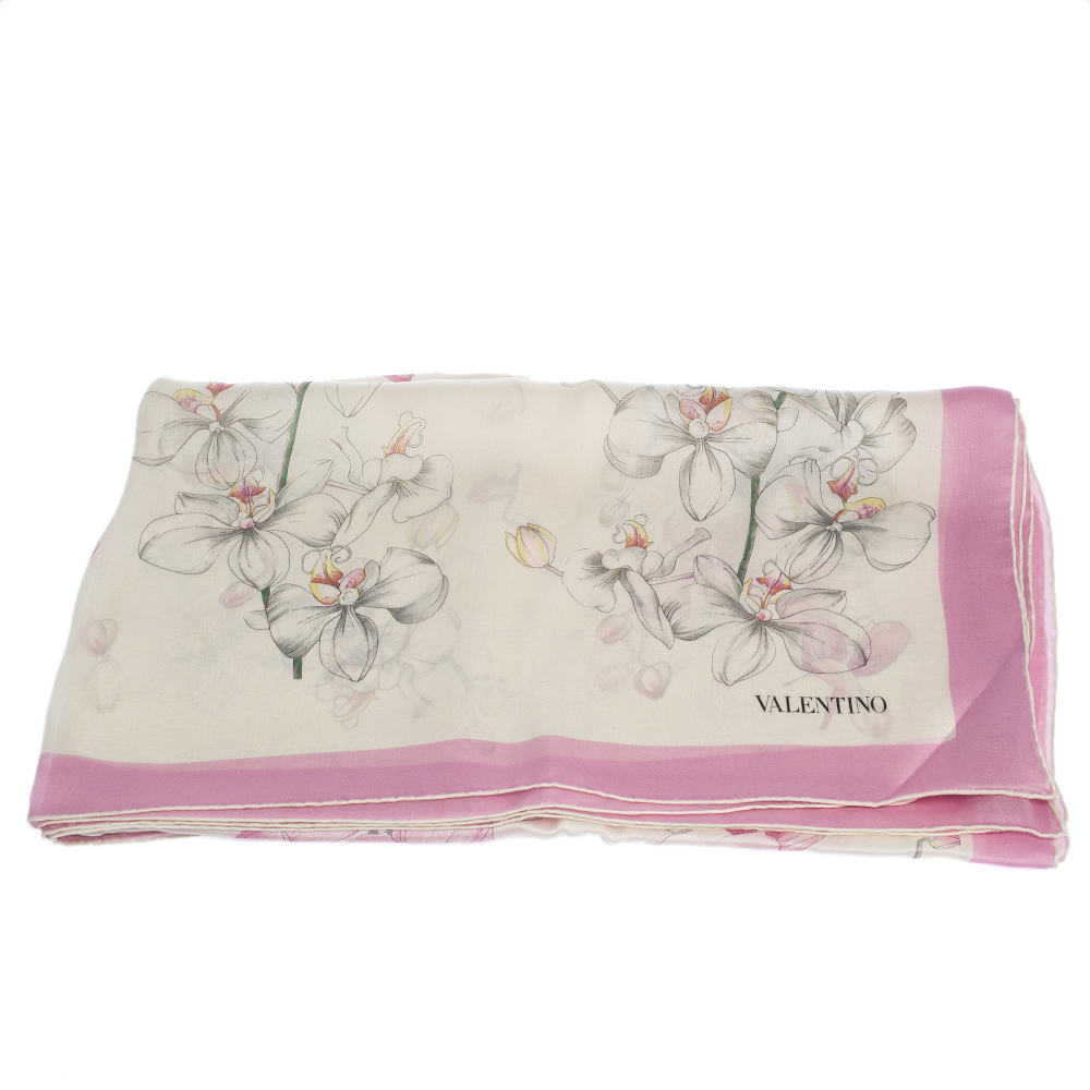 Pre Owned Valentino White Orchid Print Silk Shawl