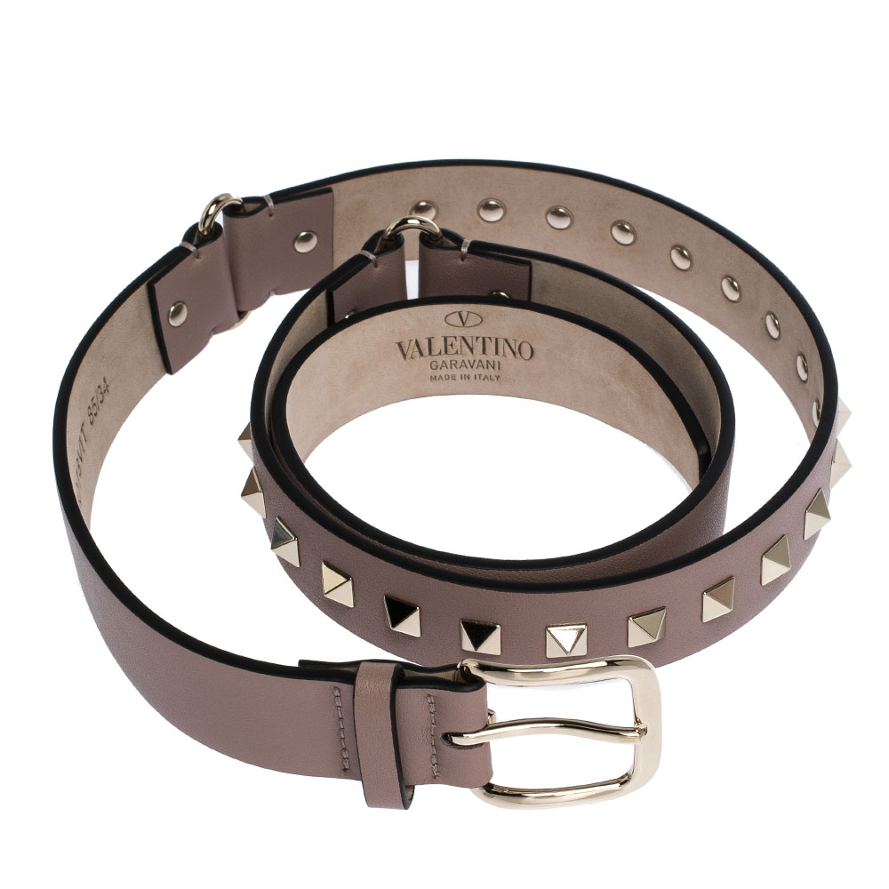 

Valentino Poudre Leather Rockstud Belt, Beige