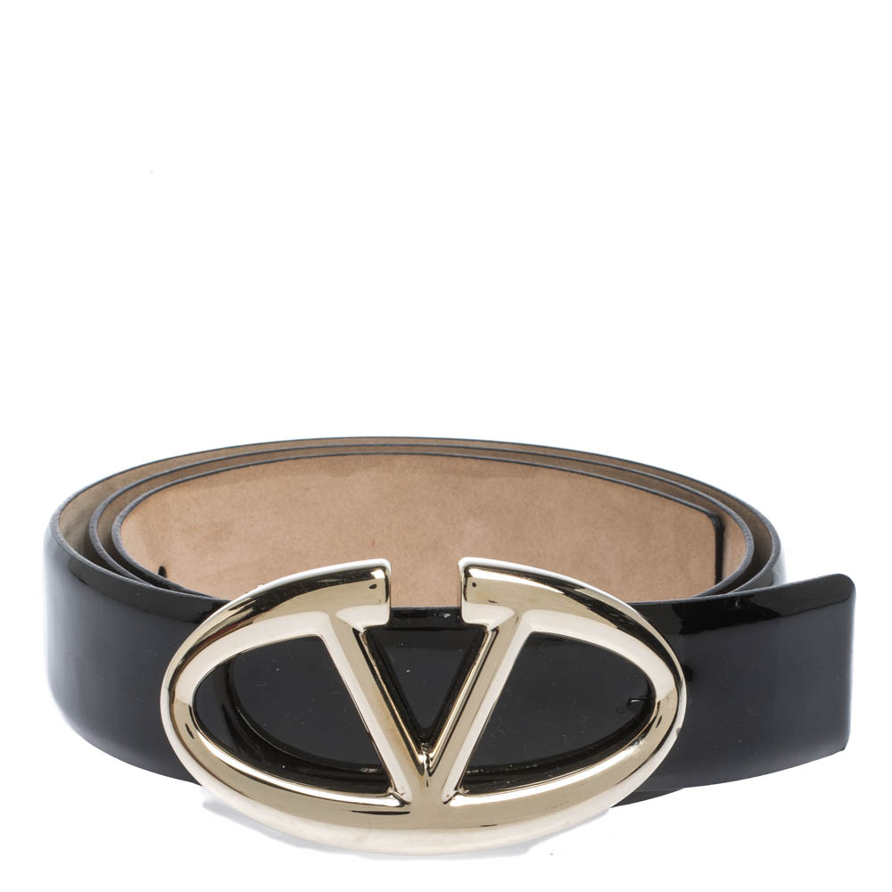 

Valentino Black Patent Leather Logo Platino Belt