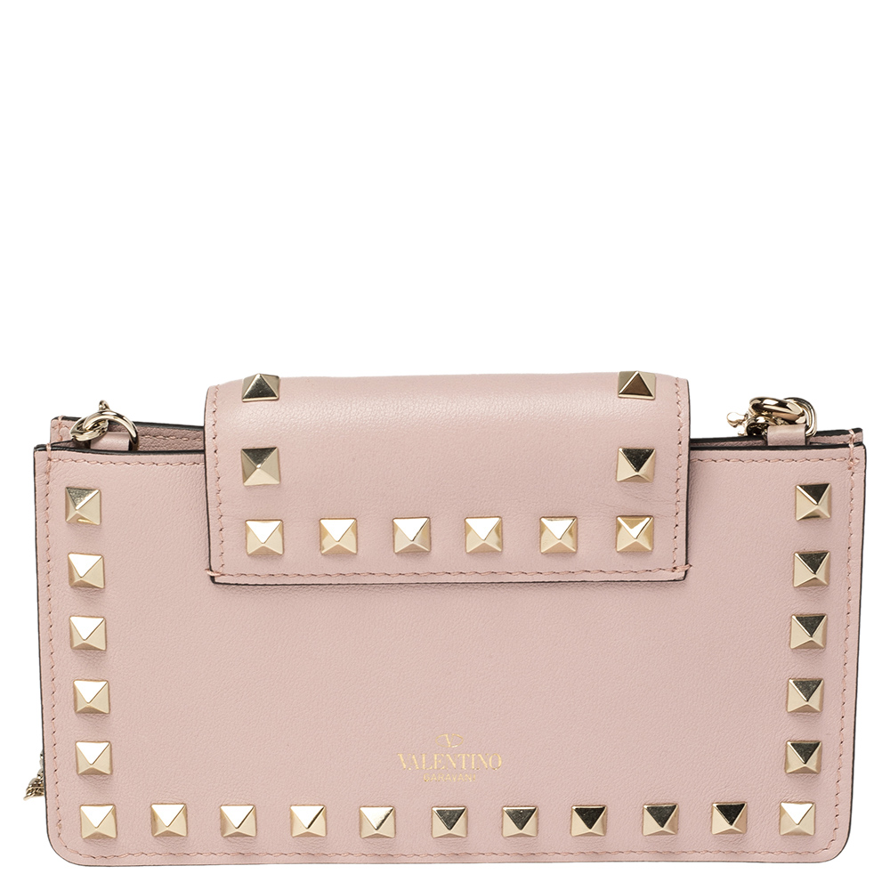 

Valentino Water Rose Leather Rockstud Chain Smartphone Case Size, Pink