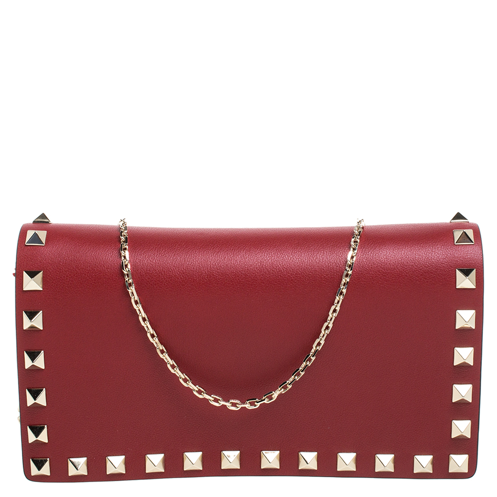Valentino Red Leather Rockstud Chain Pouch Bag
