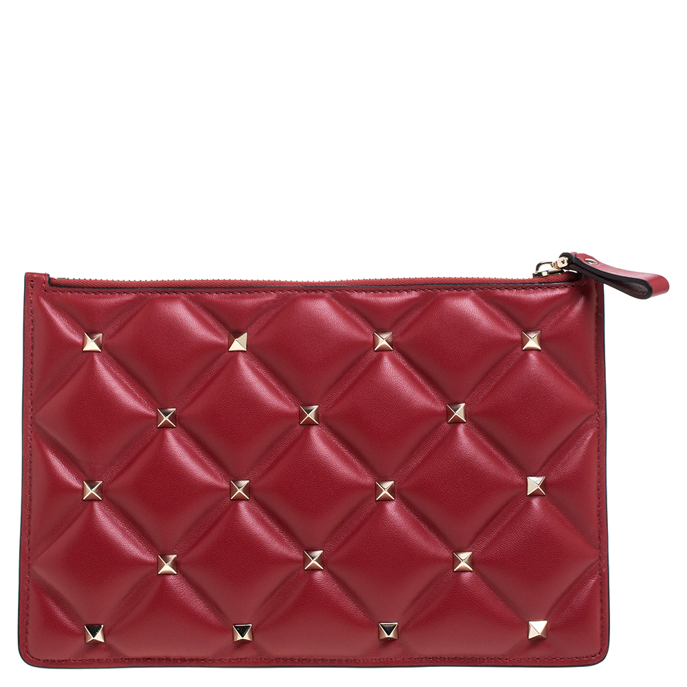 

Valentino Red Quilted Leather Medium Candystud Flat Pouch