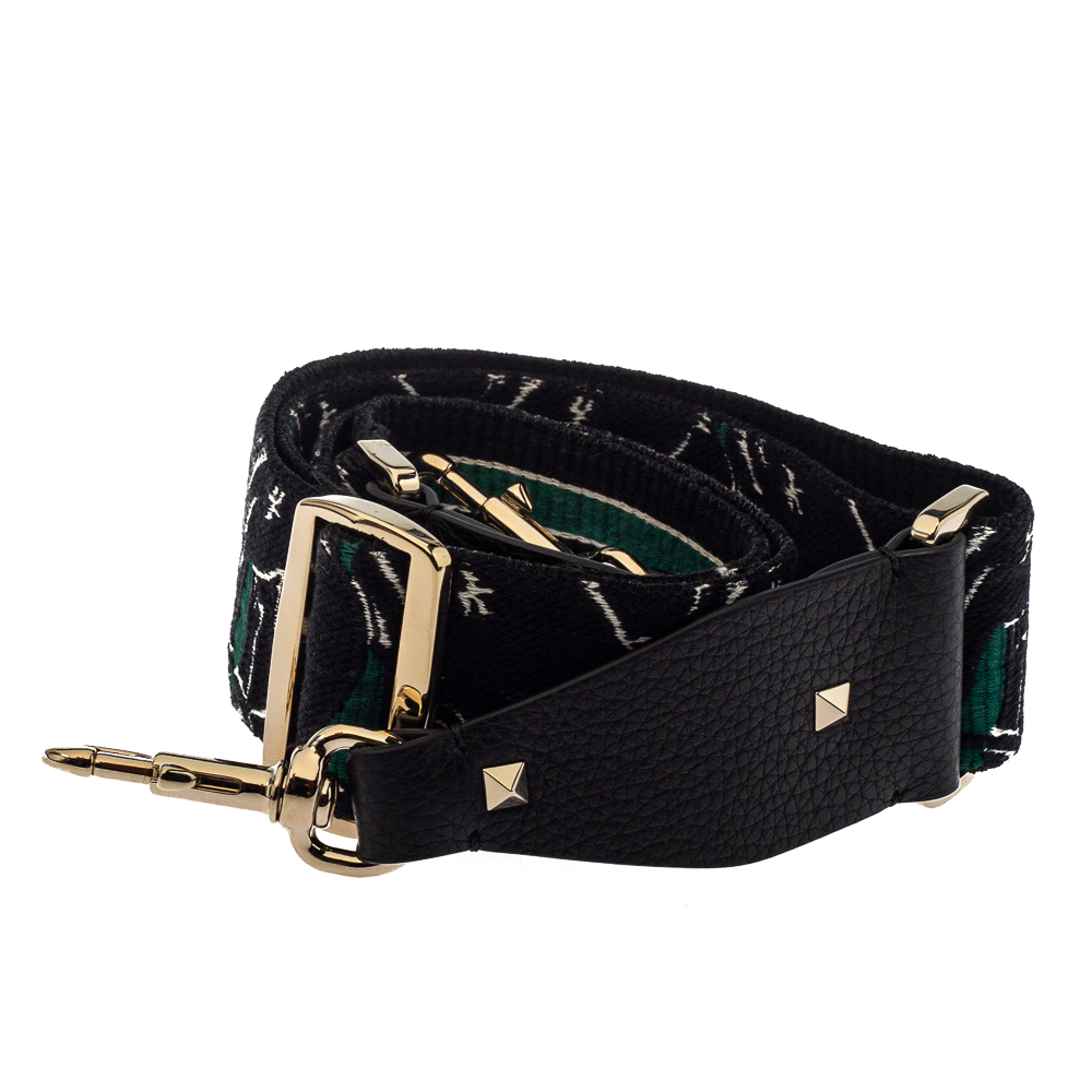 

Valentino Green/Black Fabric and Leather Camupanther Embroidery Guitar Bag Strap