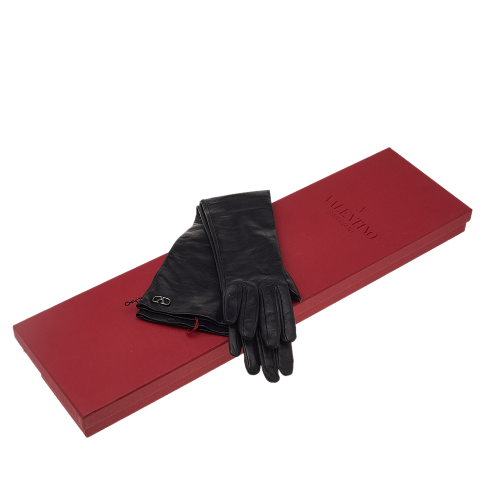 

Valentino Black VLOGO Long Sleeved Leather Gloves Size