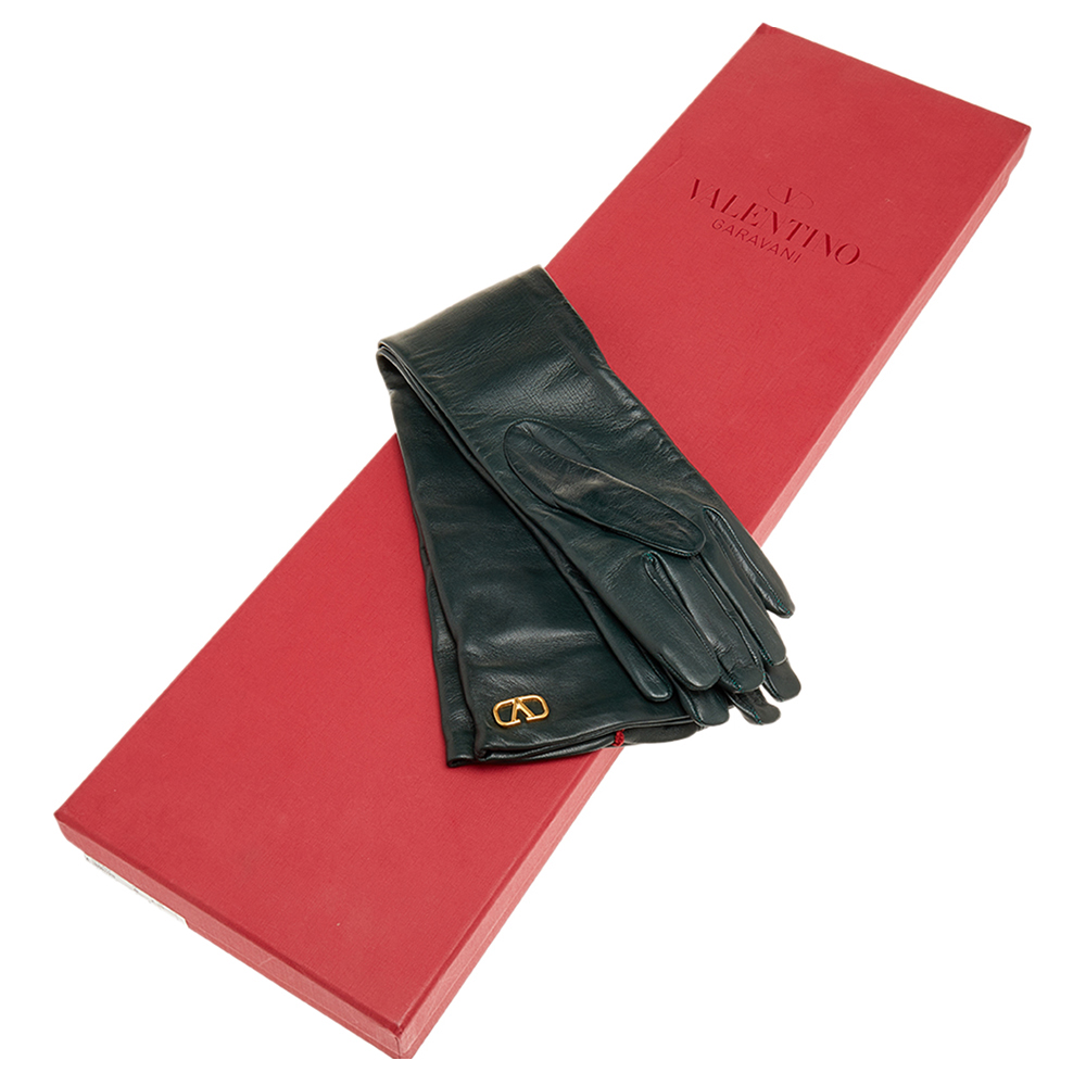 

Valentino Dark Green VLOGO Long Sleeved Leather Gloves Size 8