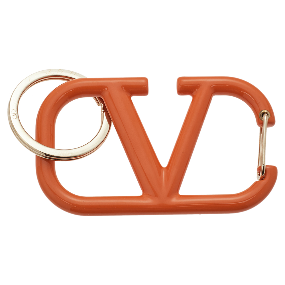 Valentino Gold Tone Orange Lacquer VLogo Signature Keyring Valentino