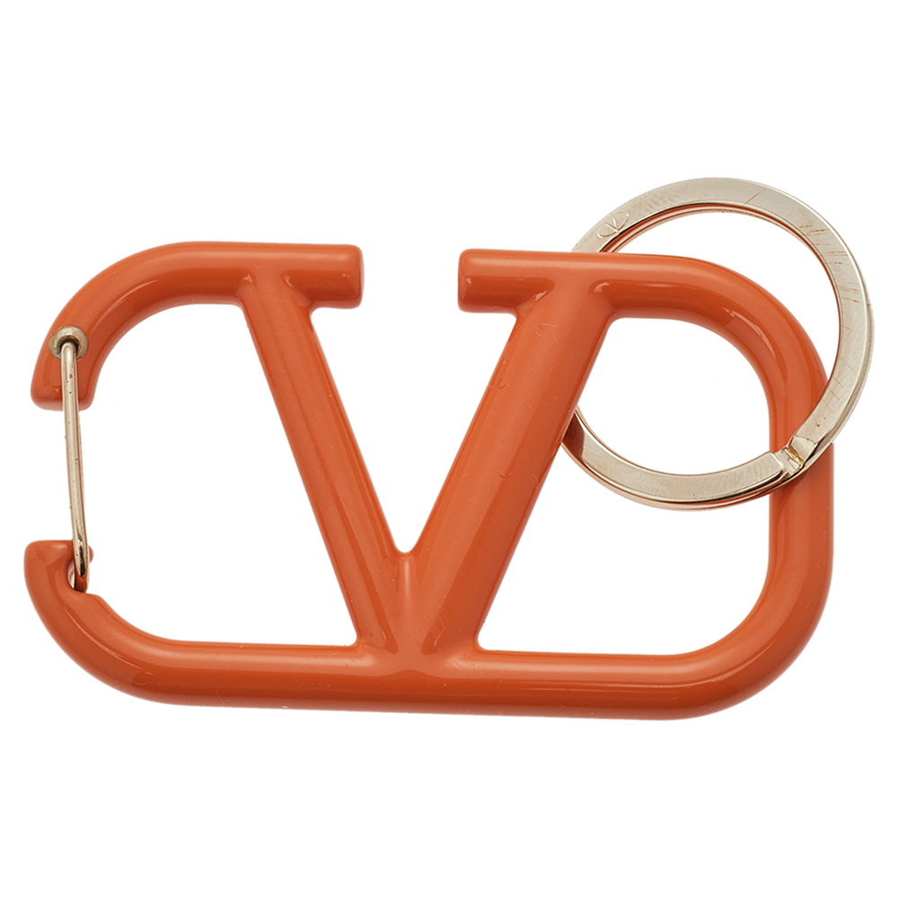 Pre Owned Valentino Gold Tone Orange Lacquer VLogo Signature Keyring