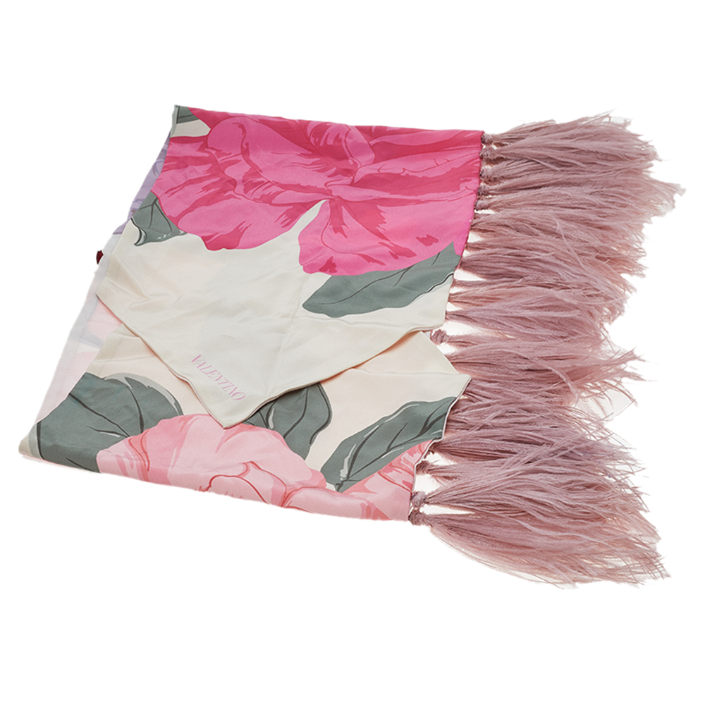 

Valentino Pink Macro Camelia Print Feather Detail Silk Bandeau Scarf