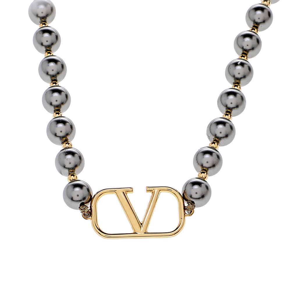 

Valentino Gold Tone Grey Faux Pearl VLOGO Necklace