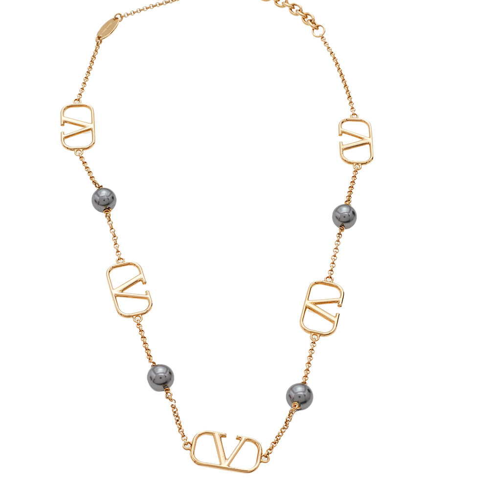 

Valentino Gold Tone Faux Pearl VLOGO Station Necklace, Grey