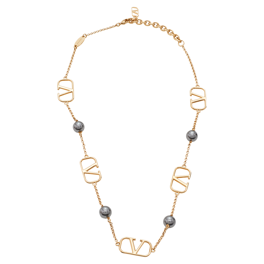 Valentino Gold Tone Faux Pearl VLOGO Station Necklace Valentino TLC