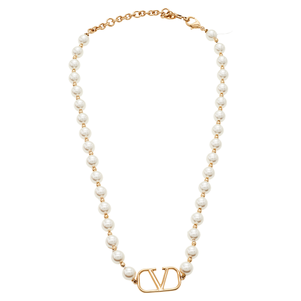 

Valentino Gold Tone Faux Pearl VLOGO Signature Necklace, White