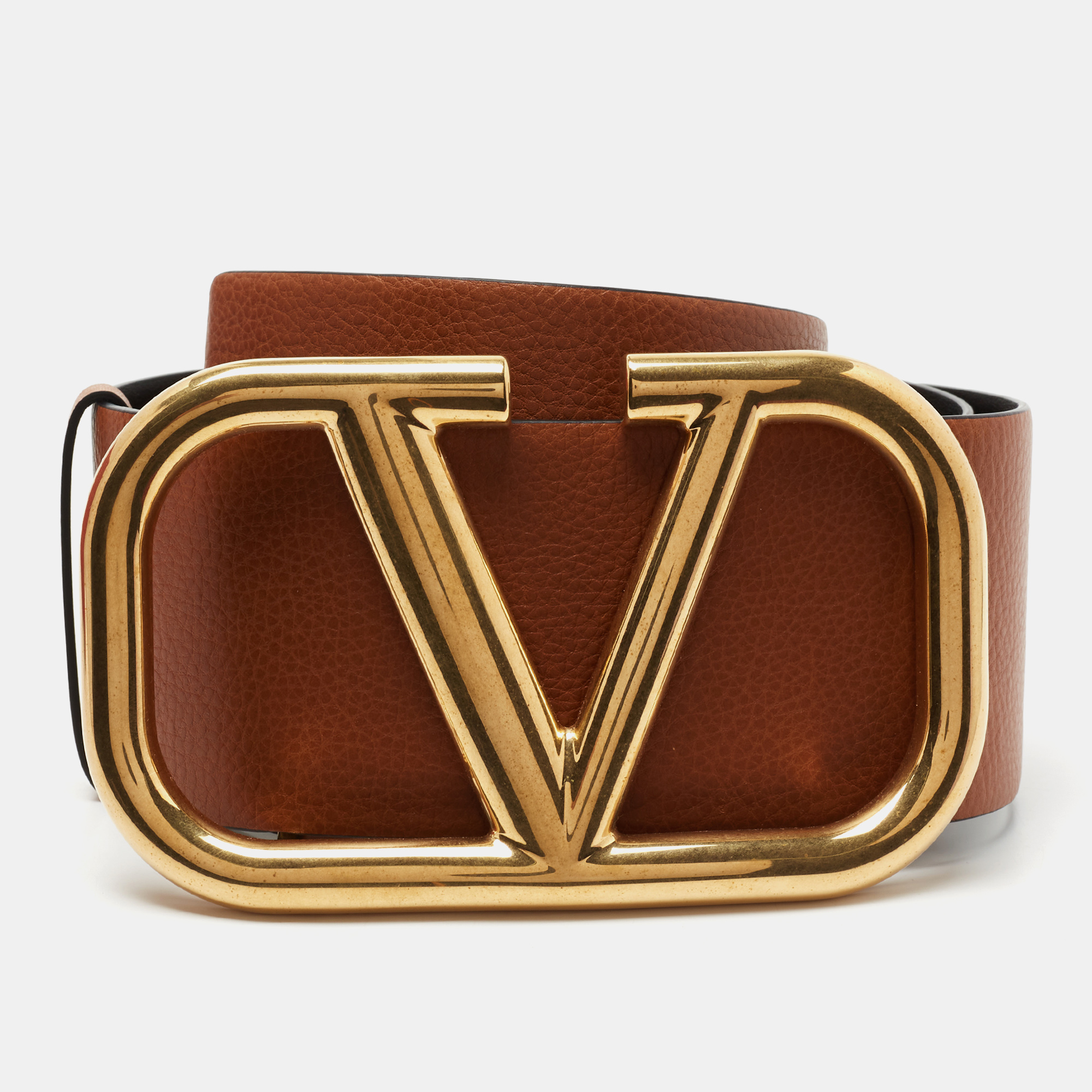 Pre Owned Valentino Tan/Black Leather VLogo Buckle Waist Belt 80 CM