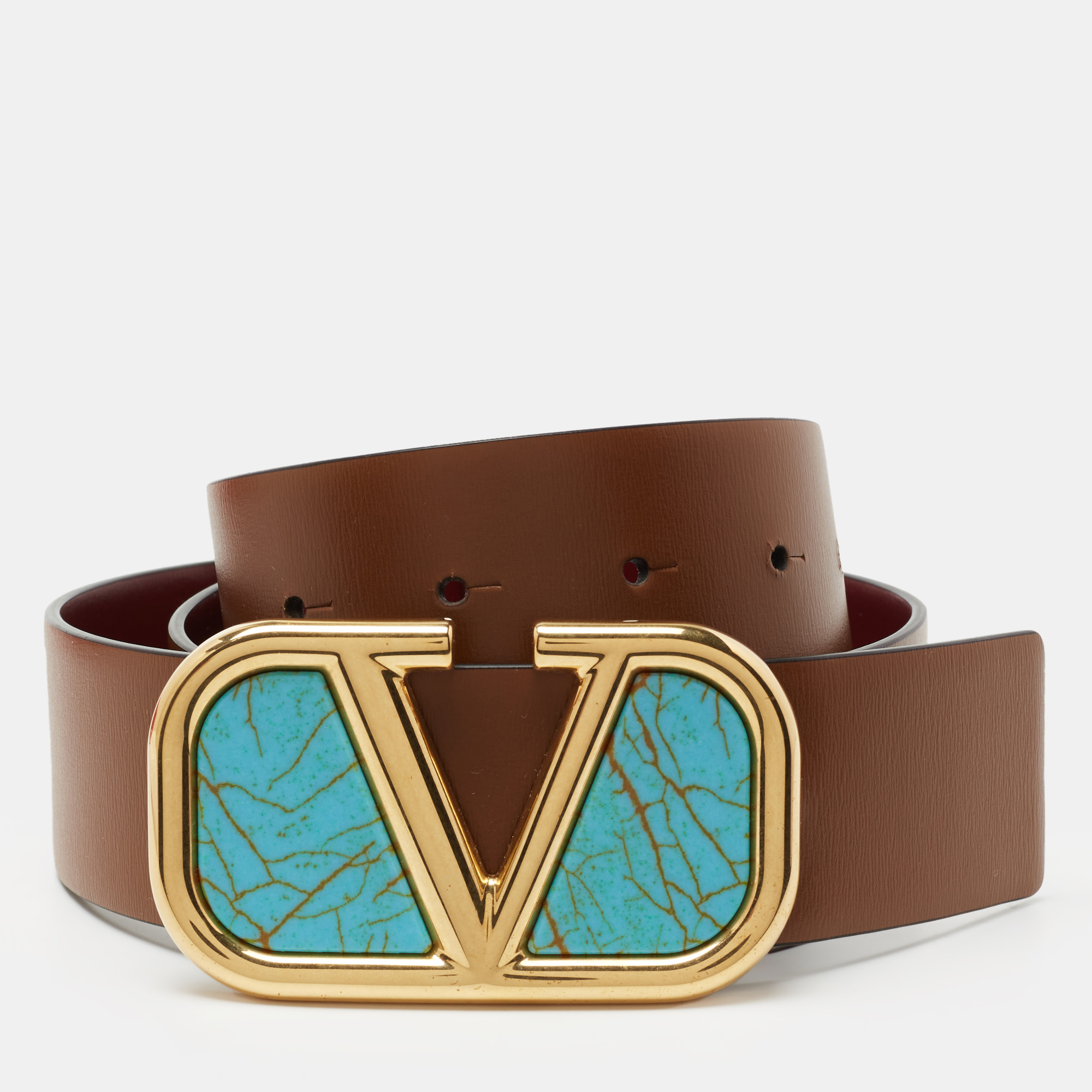 Pre Owned Valentino Brown/Burgundy Leather VLogo Reversible Buckle Belt 75 CM