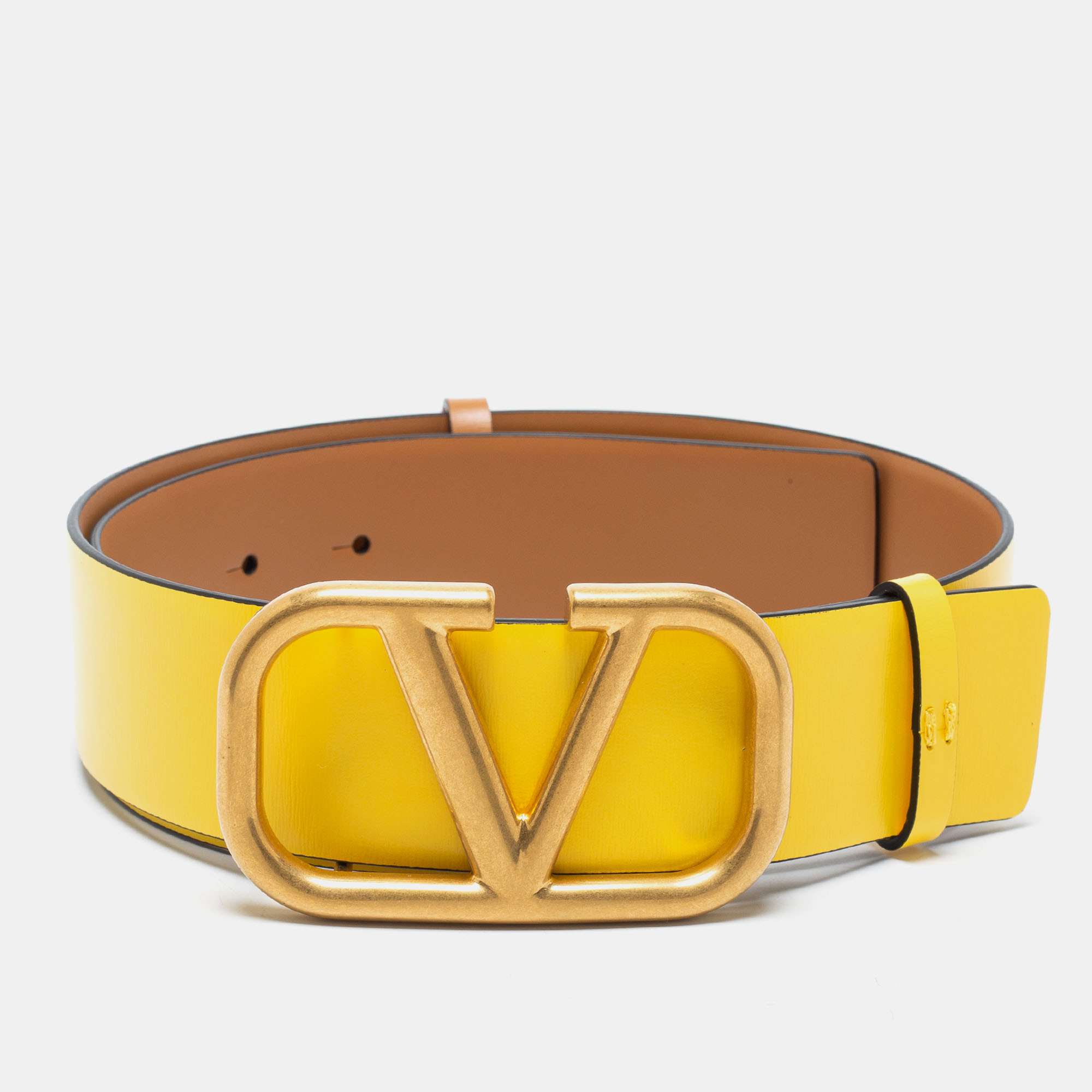 Pre Owned Valentino Tan/Yellow Leather VLogo Reversible Belt 65 CM