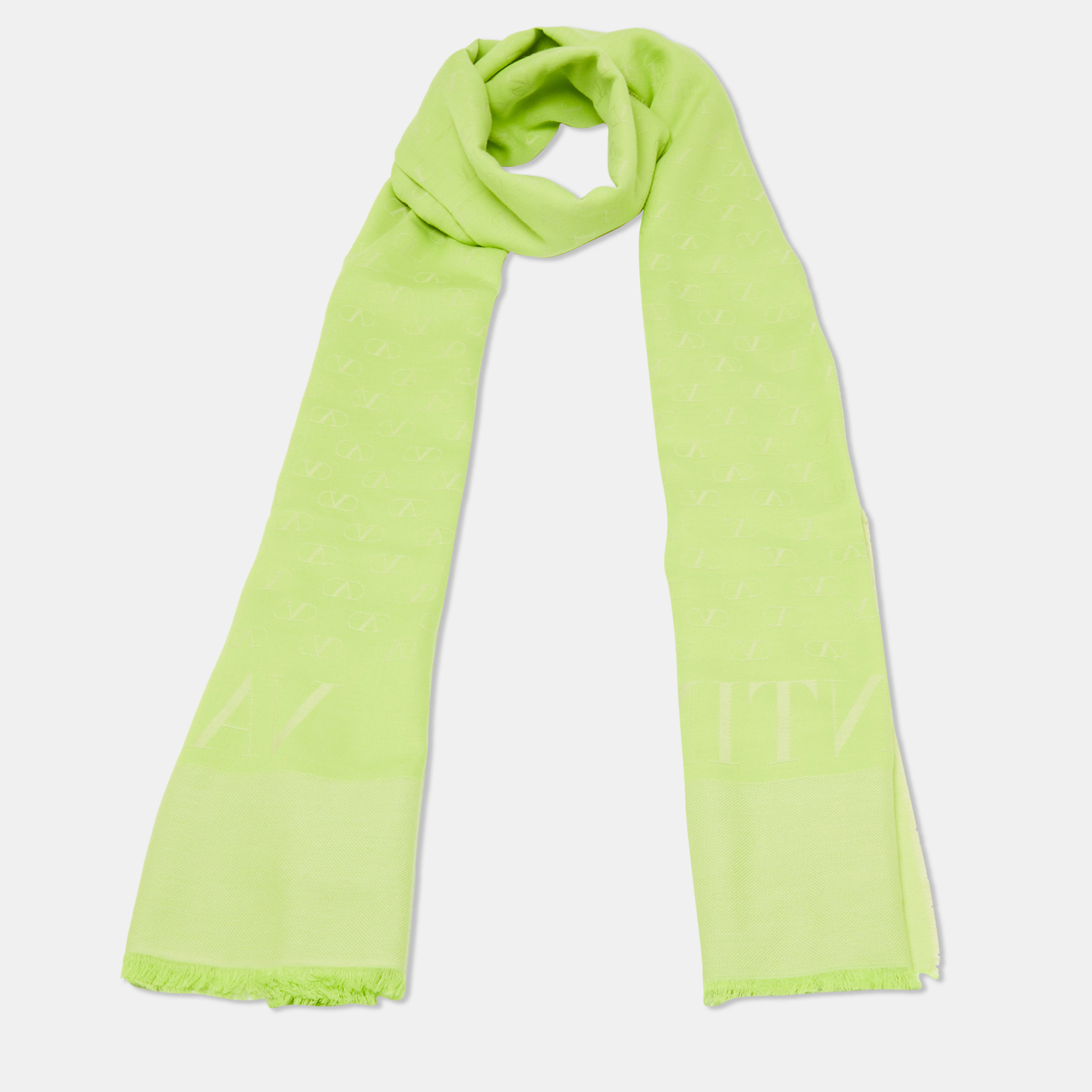 

Valentino Lime Green V-Logo Jacquard Cotton Shawl