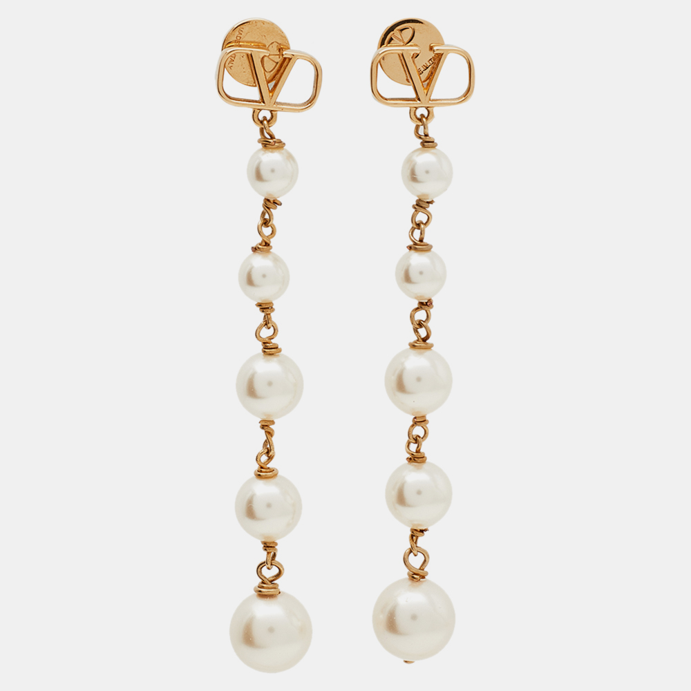 Pre Owned Valentino Gold Tone Faux Pearl VLOGO Drop Earrings