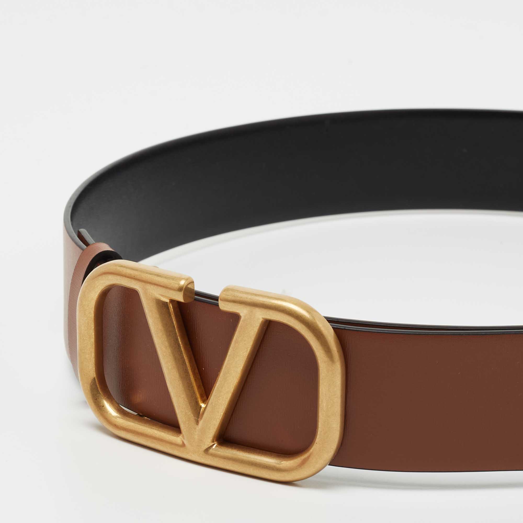 

Valentino Brown/Black Leather VLogo Reversible Belt