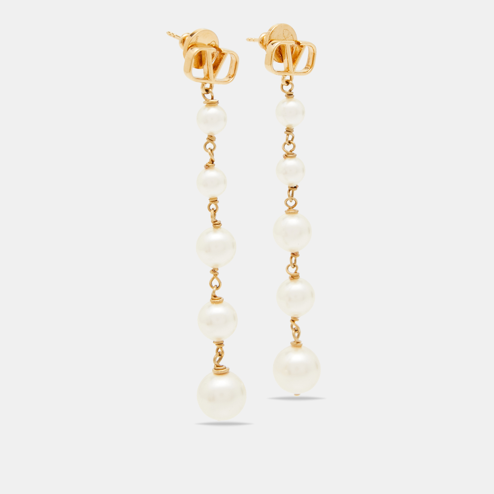 

Valentino Gold Tone Faux Pearl VLogo Drop Earrings