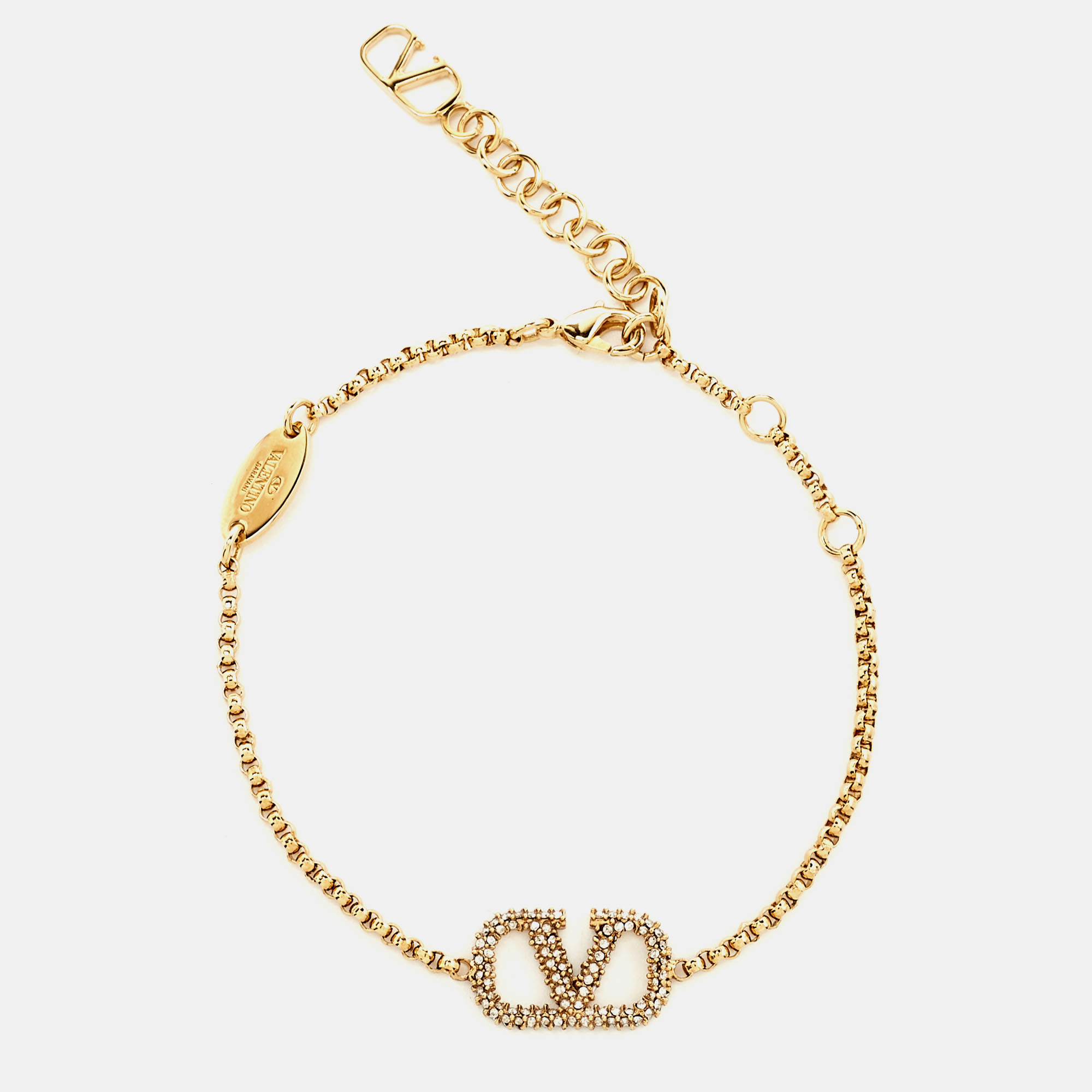 Pre-owned Valentino Garavani Vlogo Crystal Gold Tone Bracelet