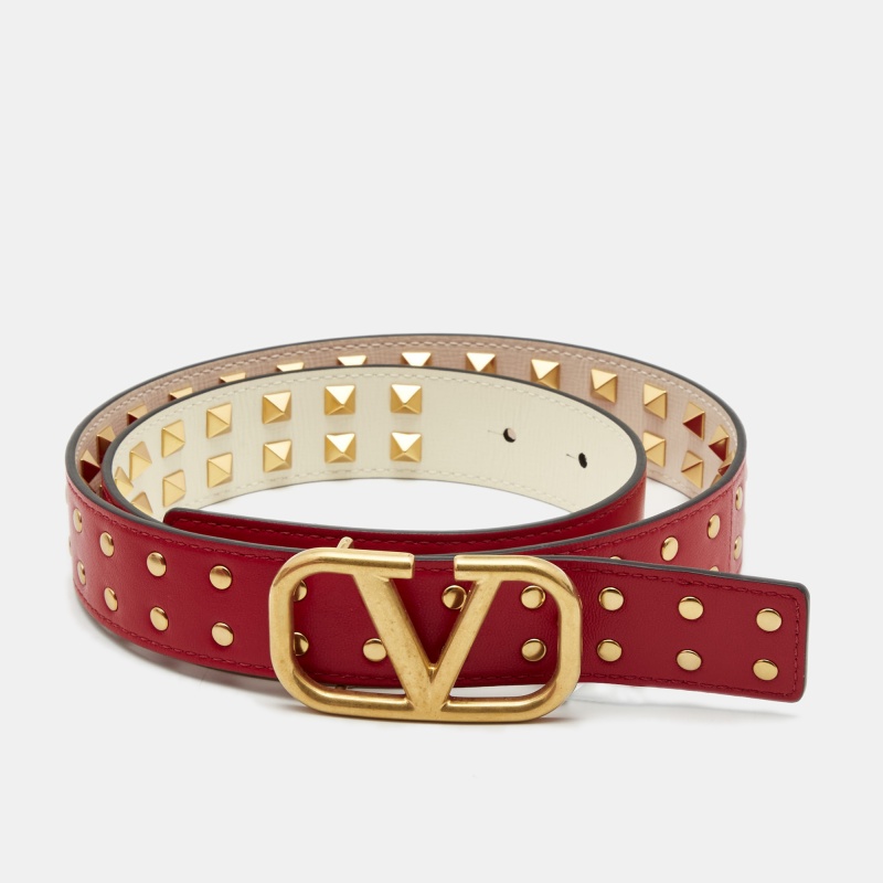 

Valentino Beige/Red Leather VLogo Rockstud Belt